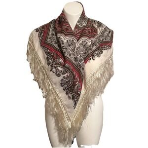 Handdruck Cashmere Blend Printed Scarf Wrap Fringed Hand Printed Quiet Luxury